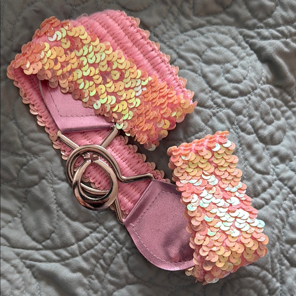 Pink Sequin Stretch Belt with Silver Buckle